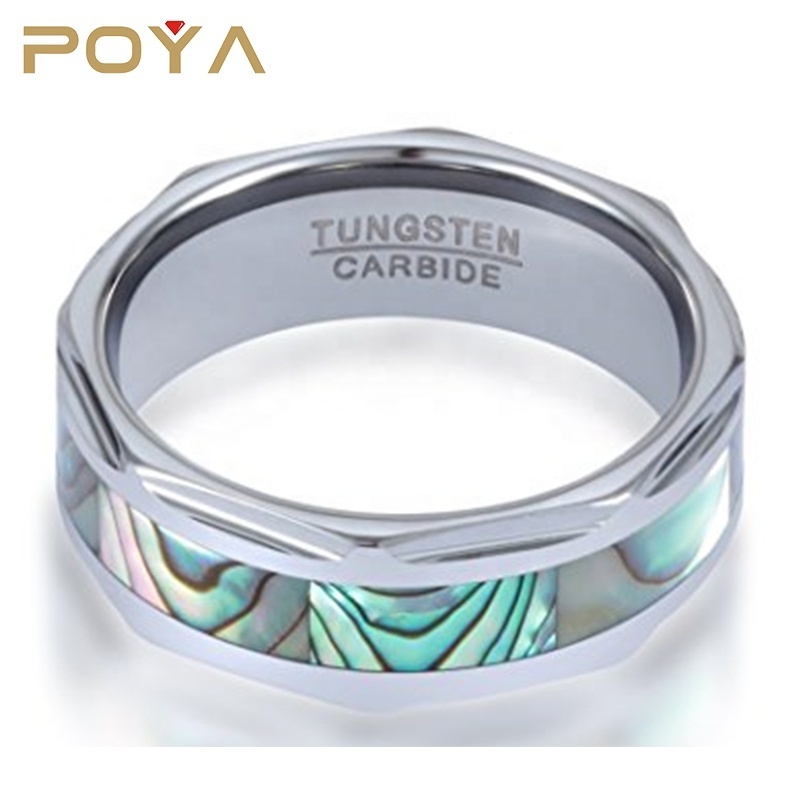 POYA Jewelry 8mm Diamond-faceted Tungsten Carbide Ring Abalone Shell Inlay Engagement Wedding Bands For His and Her