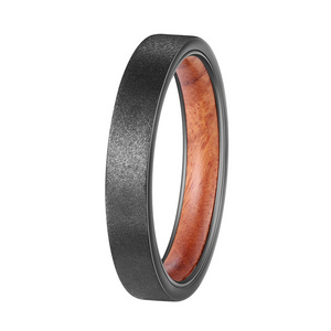 POYA 4mm Wedding Band Ironwood Inlay Sandblasted Black Plated Thin Tungsten Carbide Rings For Men