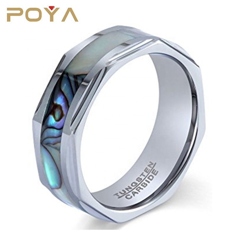 POYA Jewelry 8mm Diamond-faceted Tungsten Carbide Ring Abalone Shell Inlay Engagement Wedding Bands For His and Her