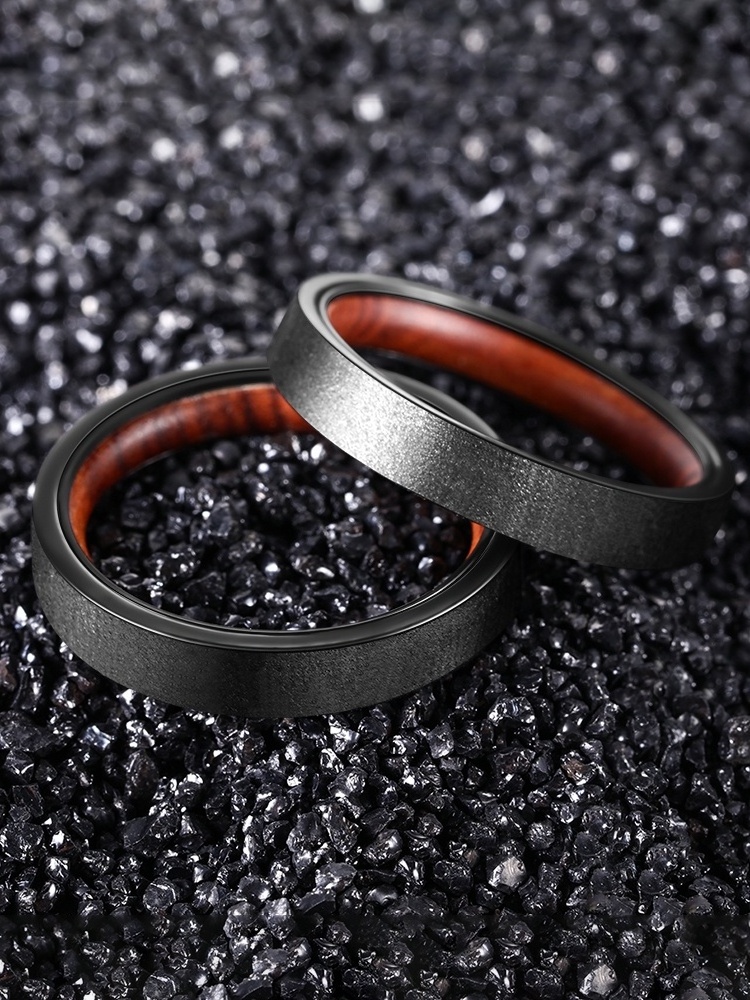 POYA 4mm Wedding Band Ironwood Inlay Sandblasted Black Plated Thin Tungsten Carbide Rings For Men