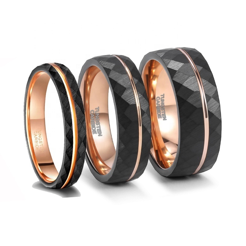 POYA Rose Gold Plated Hammered Tungsten Ring Mens 8mm 6mm 4mm Black Men Women Wedding Band