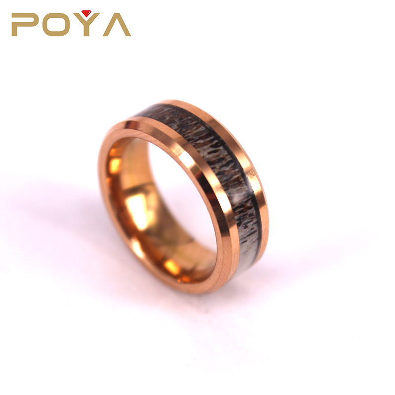 POYA Jewelry 8mm Gold Beveled Edges Tungsten Ring Mens Tungsten Wedding Band Inlay Deer Antler Wedding Ring