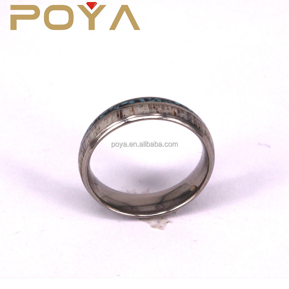 POYA Jewelry 8mm Tungsten Rings and Deer Antler Inlay Step Edges Turquoise for Men Women Silver Plated Wedding Bands or Rings