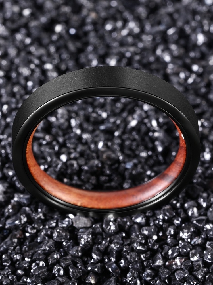 POYA 4mm Wedding Band Ironwood Inlay Sandblasted Black Plated Thin Tungsten Carbide Rings For Men