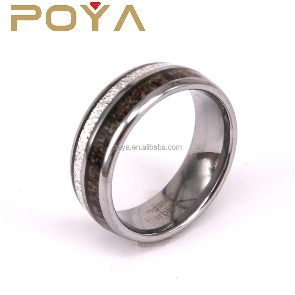 POYA Jewelry Men's Tungsten Real Antler Elk And Imitated Meteorite Inlay Engagement Wedding Band Rings