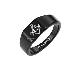 POYA Jewelry Mens Black Tungsten Carbide Latin Engraving Masonic Ring