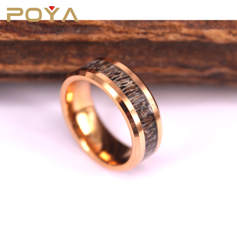 POYA Jewelry 8mm Gold Beveled Edges Tungsten Ring Mens Tungsten Wedding Band Inlay Deer Antler Wedding Ring