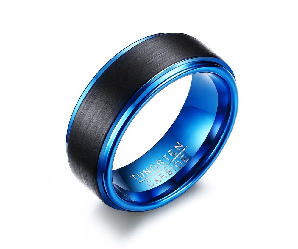 POYA Tungsten Blue Rings for Men Jewelry Classical Mens 8mm Two Tones Black and Blue Wedding Band