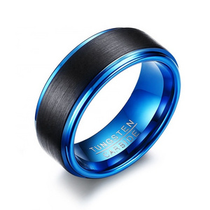 POYA Tungsten Blue Rings for Men Jewelry Classical Mens 8mm Two Tones Black and Blue Wedding Band