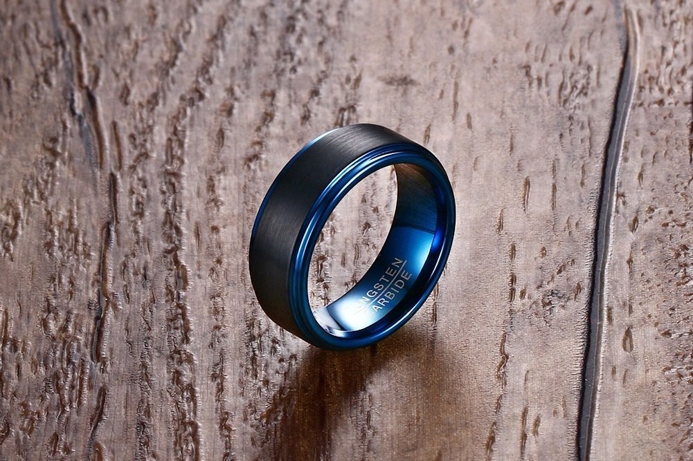 POYA Tungsten Blue Rings for Men Jewelry Classical Mens 8mm Two Tones Black and Blue Wedding Band