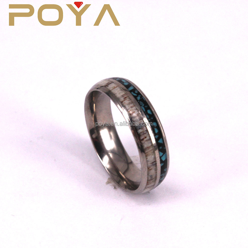 POYA Jewelry 8mm Tungsten Rings and Deer Antler Inlay Step Edges Turquoise for Men Women Silver Plated Wedding Bands or Rings