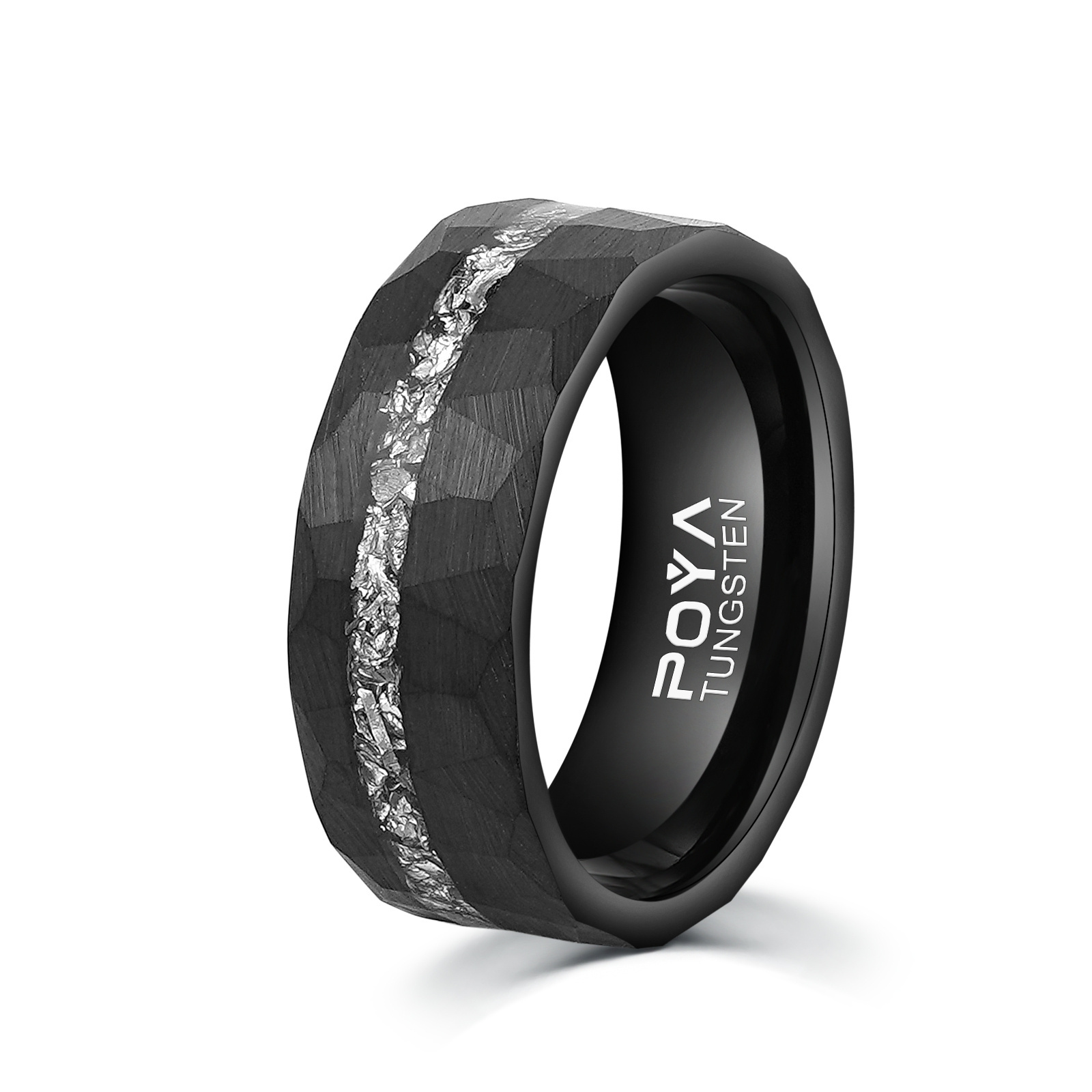 Poya Men Promise Jewelry 8mm Black Silver Rose Gold Hammered Flat Brushed Real Meteorite Shaving Tungsten Rings For Wedding