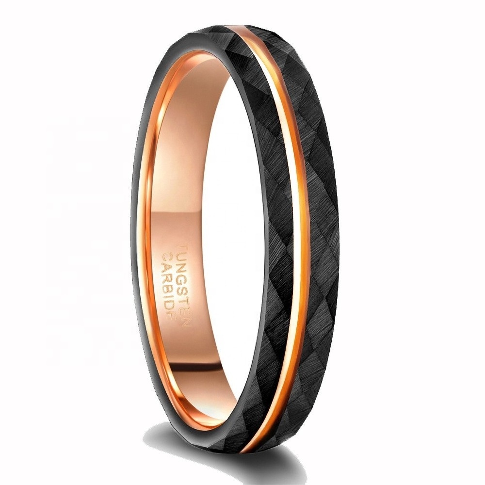 POYA Rose Gold Plated Hammered Tungsten Ring Mens 8mm 6mm 4mm Black Men Women Wedding Band