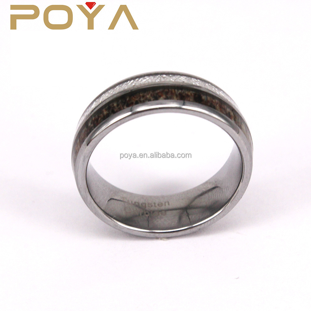 POYA Jewelry Men's Tungsten Real Antler Elk And Imitated Meteorite Inlay Engagement Wedding Band Rings