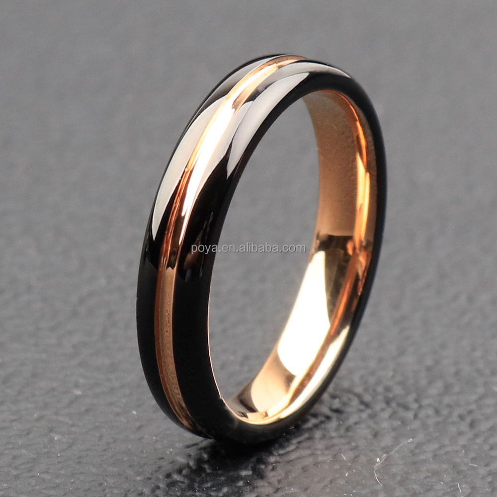 POYA Jewelry Glossy Rose Gold with Black Plated Side Grooves Tungsten Ring