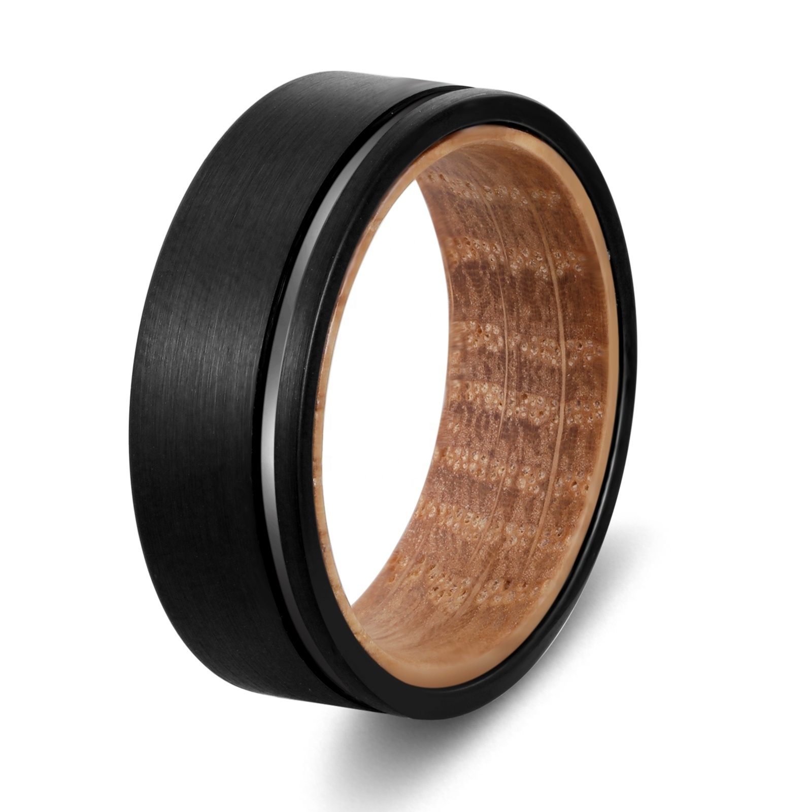 POYA Jewelry 8mm High Quality Brushed Center  Inlaid Whiskey Barrel Wood Beveled Edges Tungsten Steel Ring