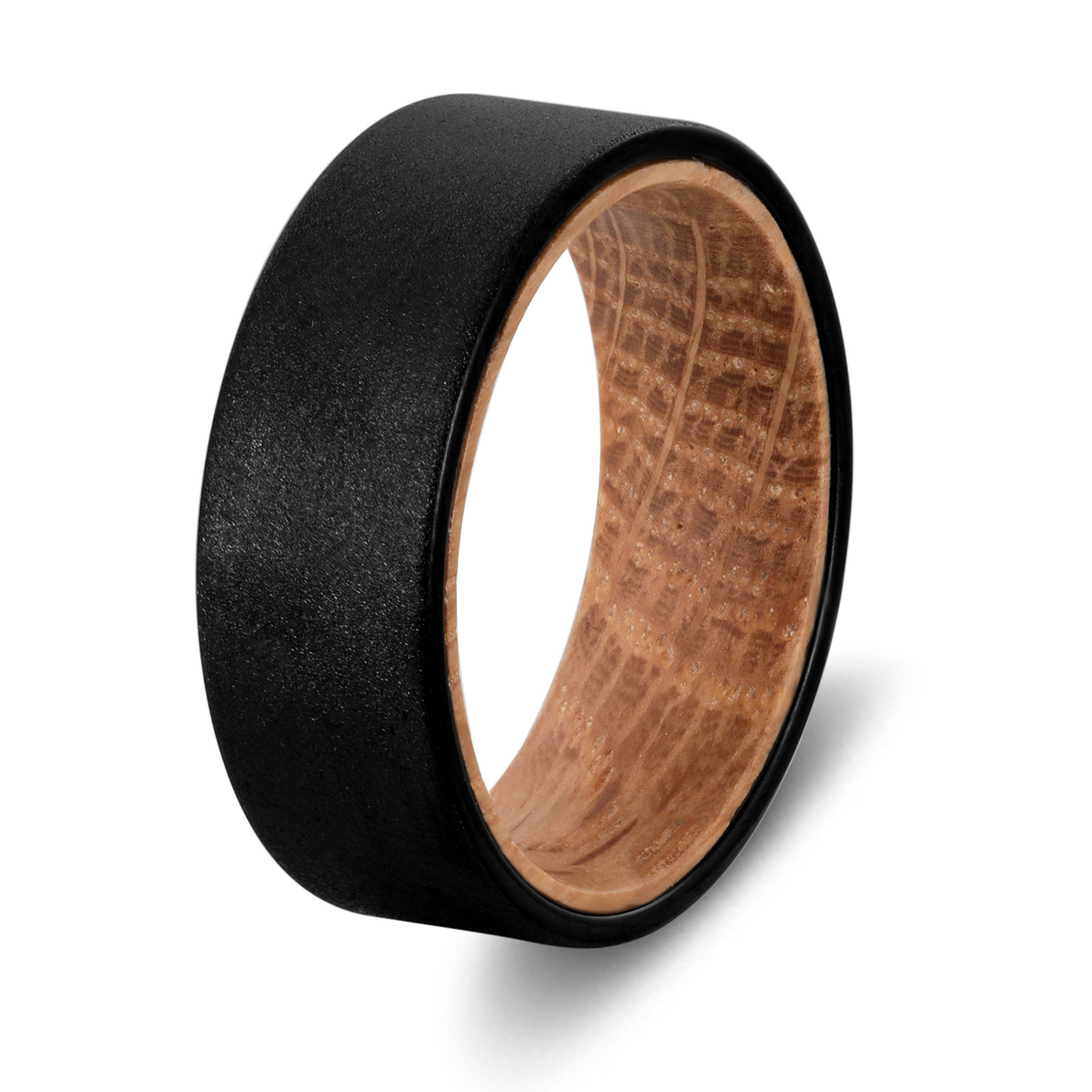 POYA Jewelry 8mm High Quality Brushed Center  Inlaid Whiskey Barrel Wood Beveled Edges Tungsten Steel Ring