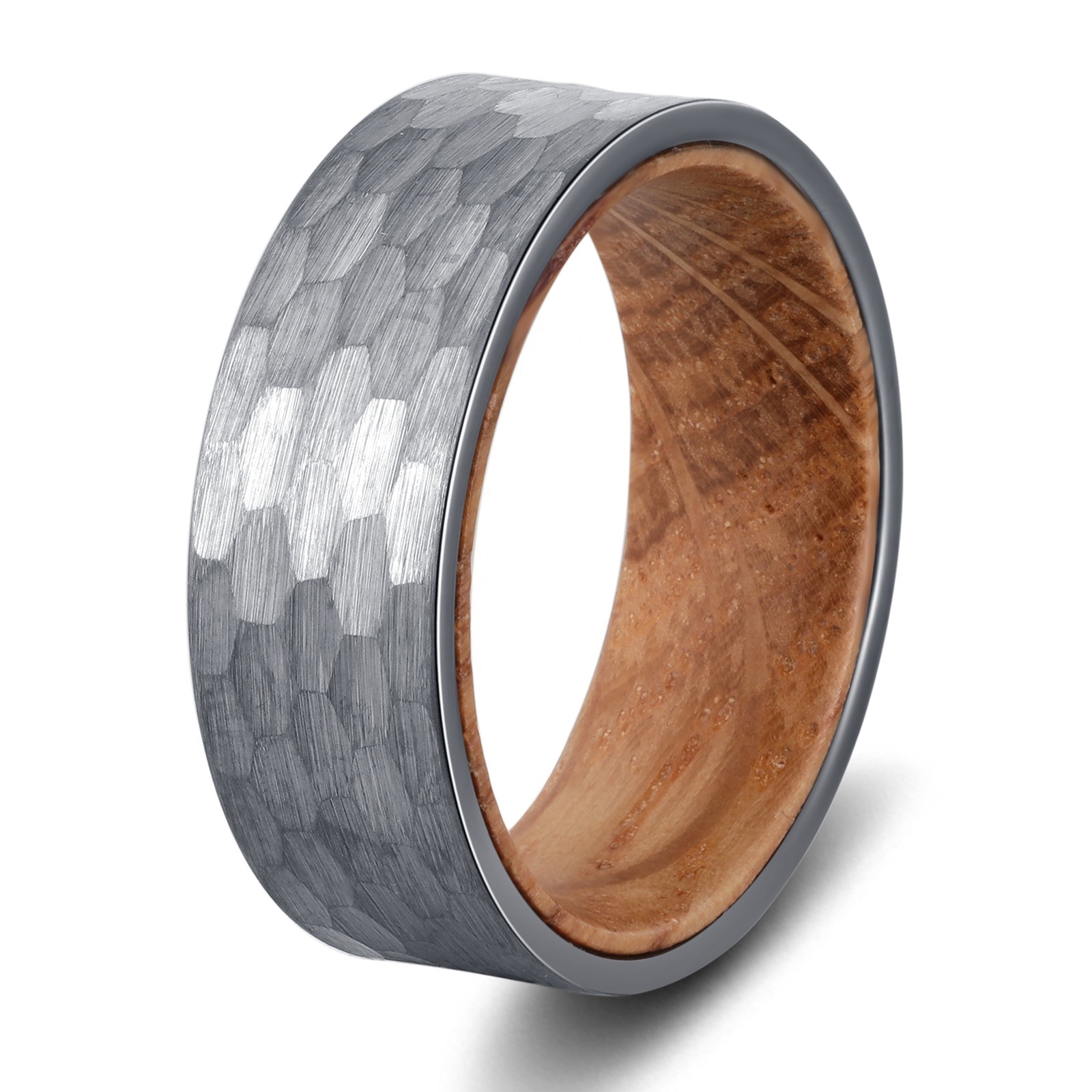 POYA Jewelry 8mm High Quality Brushed Center  Inlaid Whiskey Barrel Wood Beveled Edges Tungsten Steel Ring