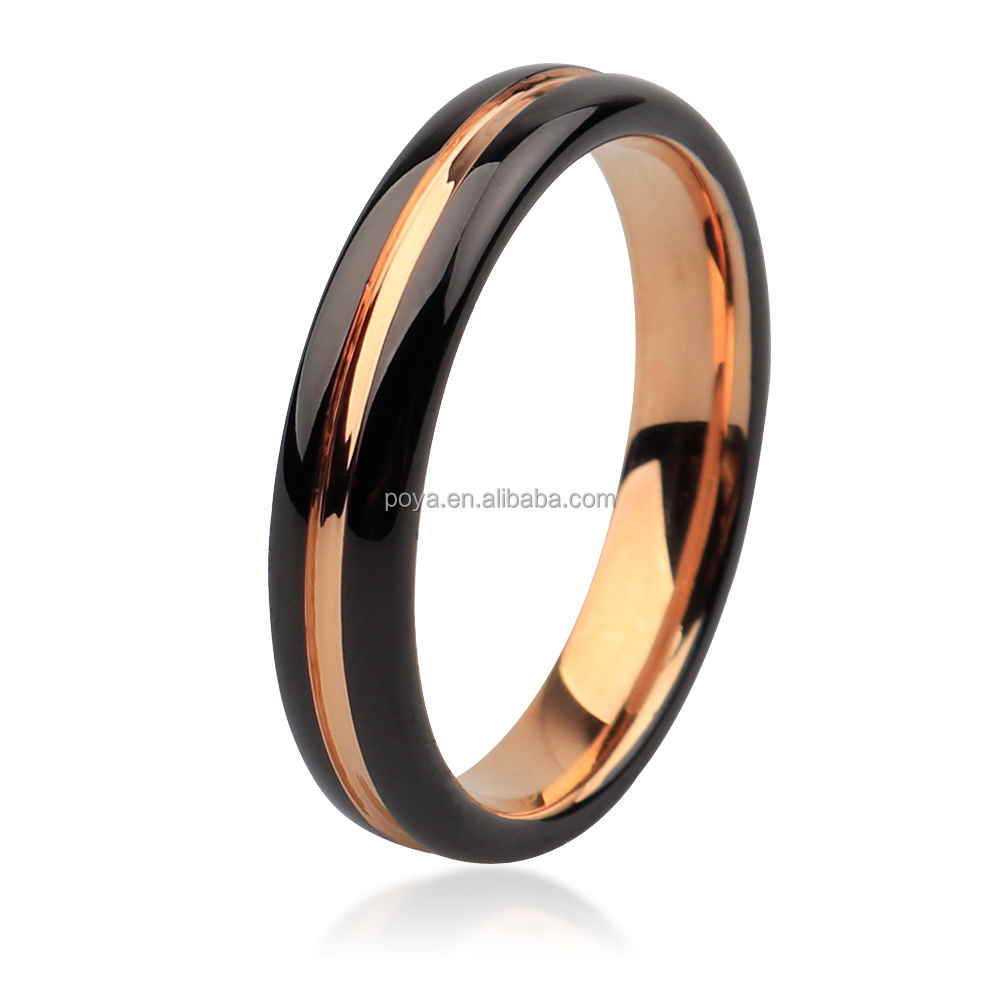 POYA Jewelry Glossy Rose Gold with Black Plated Side Grooves Tungsten Ring