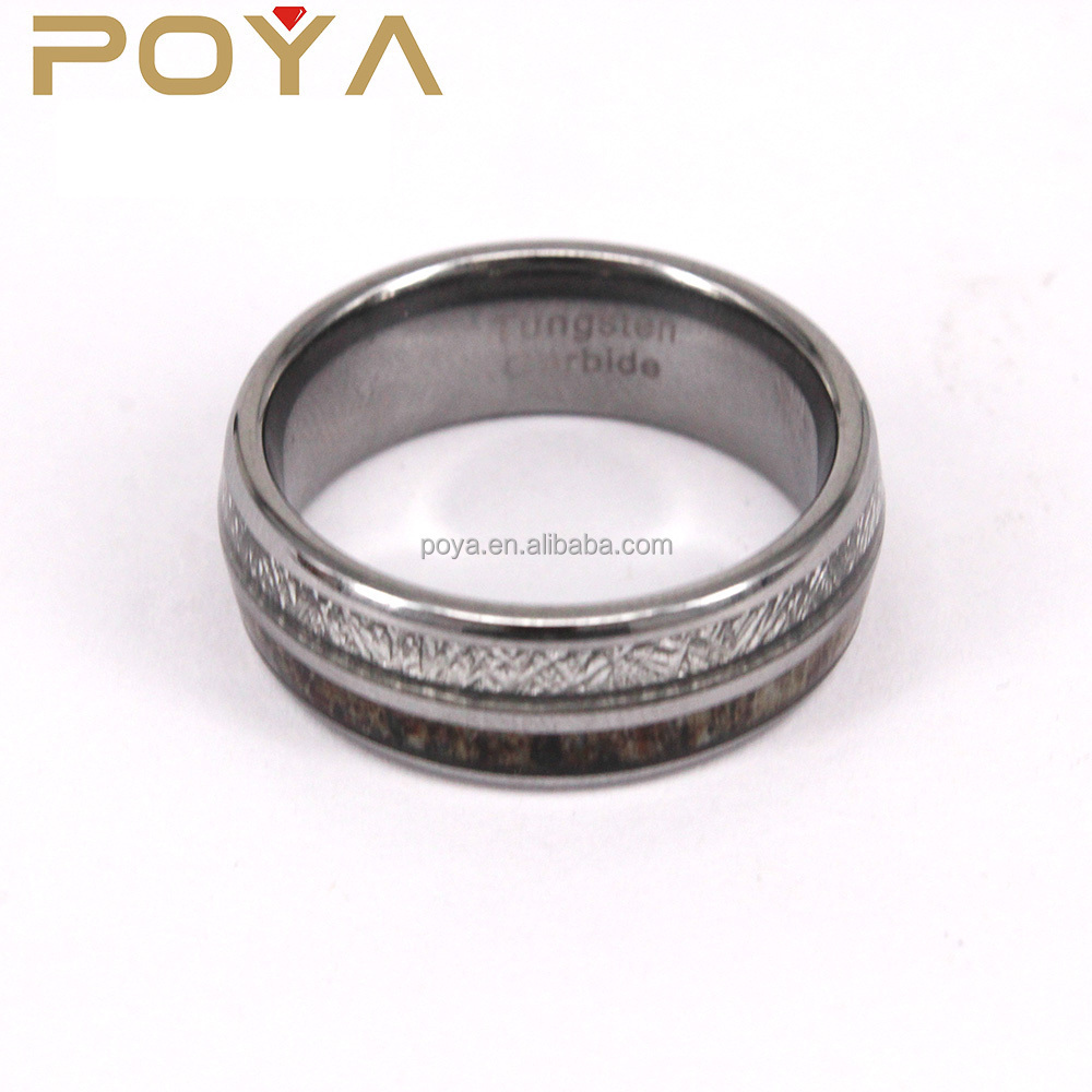 POYA Jewelry Men's Tungsten Real Antler Elk And Imitated Meteorite Inlay Engagement Wedding Band Rings