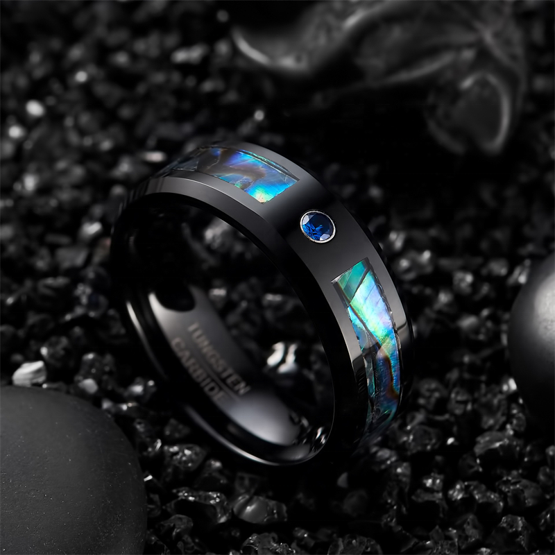 POYA Black Tungsten Abalone Shell Inlay Ring 8mm Blue Sapphire Stone Wedding Band For Men