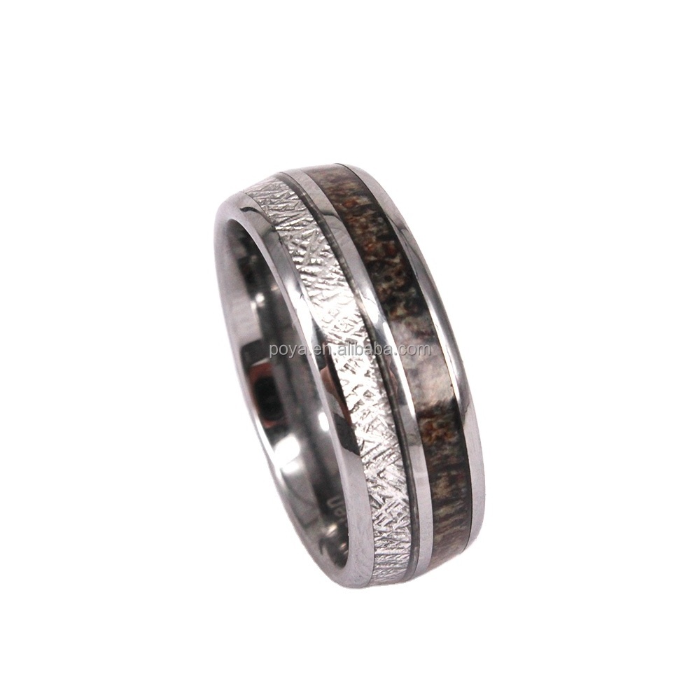 POYA Jewelry Men's Tungsten Real Antler Elk And Imitated Meteorite Inlay Engagement Wedding Band Rings