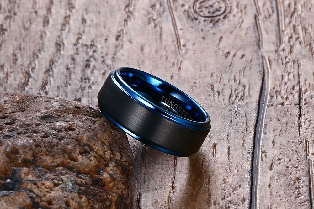 POYA Tungsten Blue Rings for Men Jewelry Classical Mens 8mm Two Tones Black and Blue Wedding Band