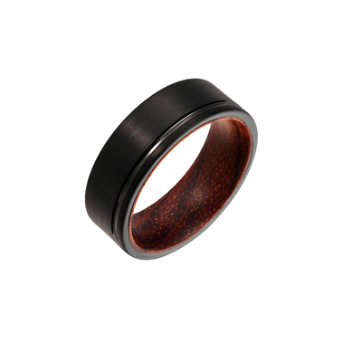 POYA Jewelry Mens Womens 8mm Black Brushed Tungsten Carbide Ring Black Thin Grooved Flat Edge Wood Inlay Wedding Band