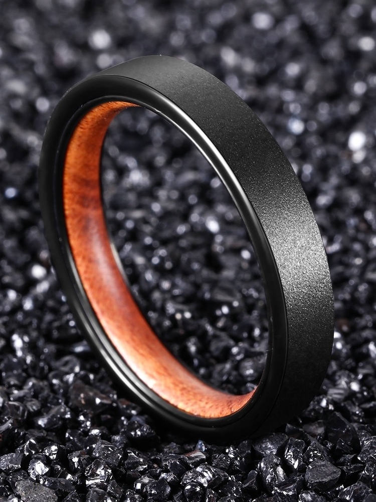 POYA 4mm Wedding Band Ironwood Inlay Sandblasted Black Plated Thin Tungsten Carbide Rings For Men