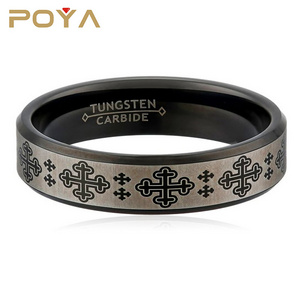 POYA Jewelry 8mm Tungsten Wedding Ring Medieval Cross Black & Silver Plated