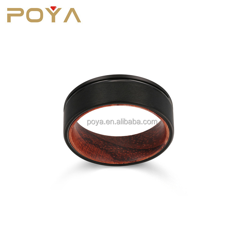 POYA Jewelry Mens Womens 8mm Black Brushed Tungsten Carbide Ring Black Thin Grooved Flat Edge Wood Inlay Wedding Band