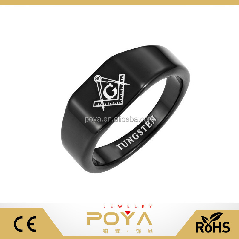 POYA Jewelry Mens Black Tungsten Carbide Latin Engraving Masonic Ring