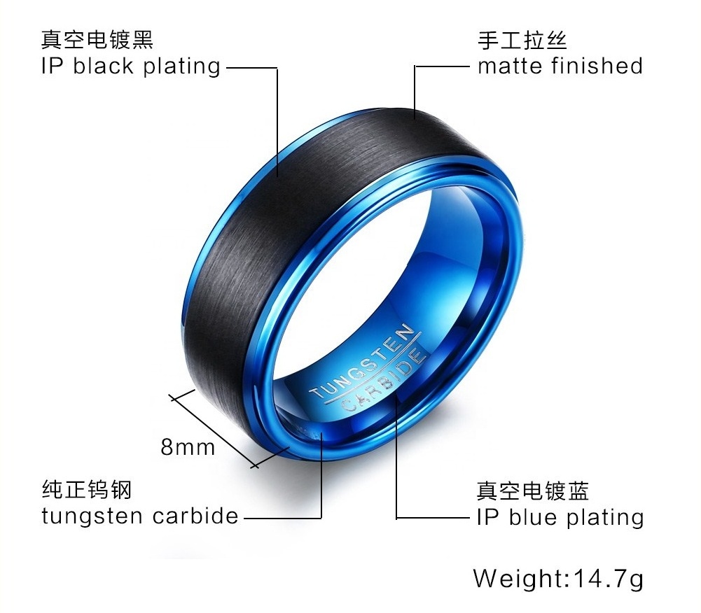 POYA Tungsten Blue Rings for Men Jewelry Classical Mens 8mm Two Tones Black and Blue Wedding Band