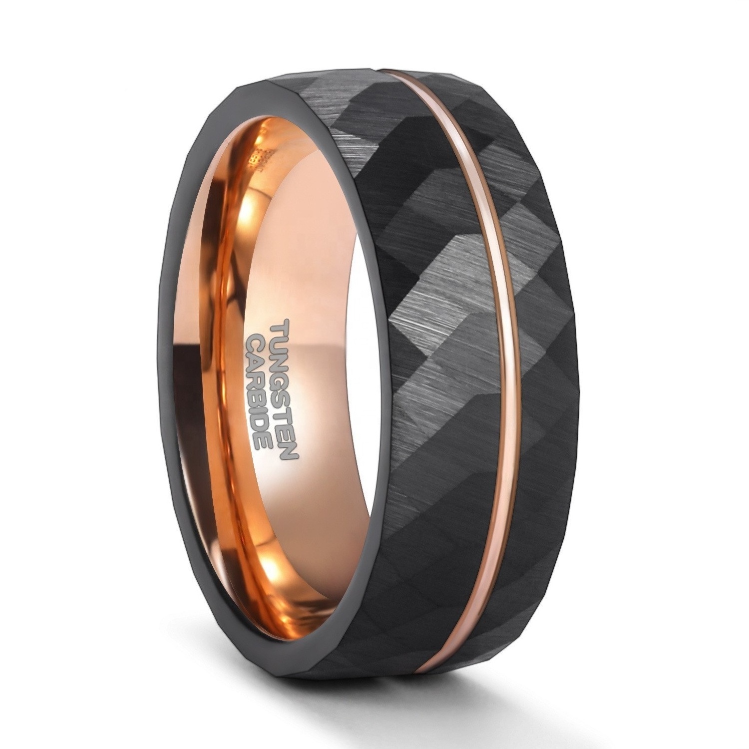 POYA Rose Gold Plated Hammered Tungsten Ring Mens 8mm 6mm 4mm Black Men Women Wedding Band