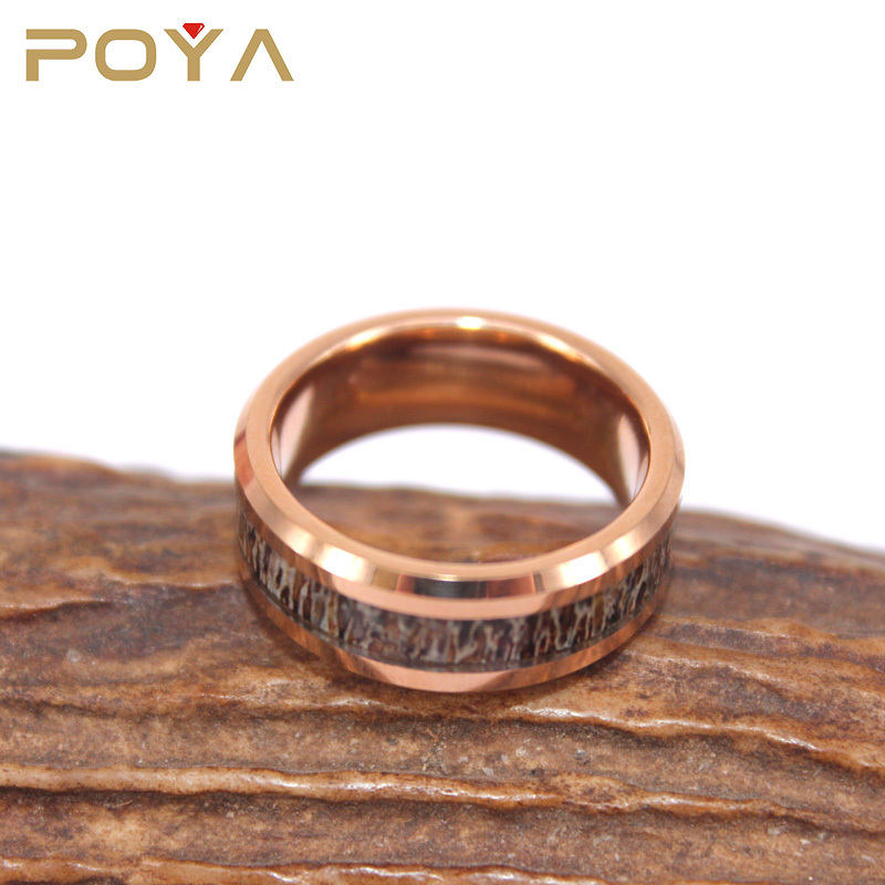 POYA Jewelry 8mm Gold Beveled Edges Tungsten Ring Mens Tungsten Wedding Band Inlay Deer Antler Wedding Ring