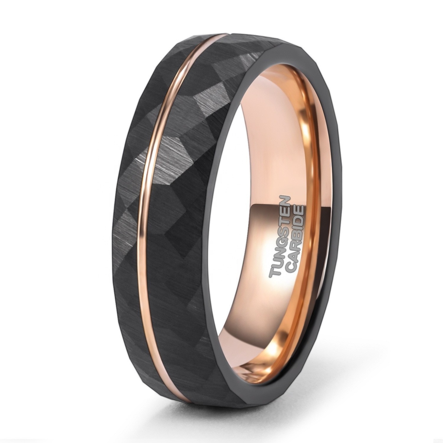 POYA Rose Gold Plated Hammered Tungsten Ring Mens 8mm 6mm 4mm Black Men Women Wedding Band