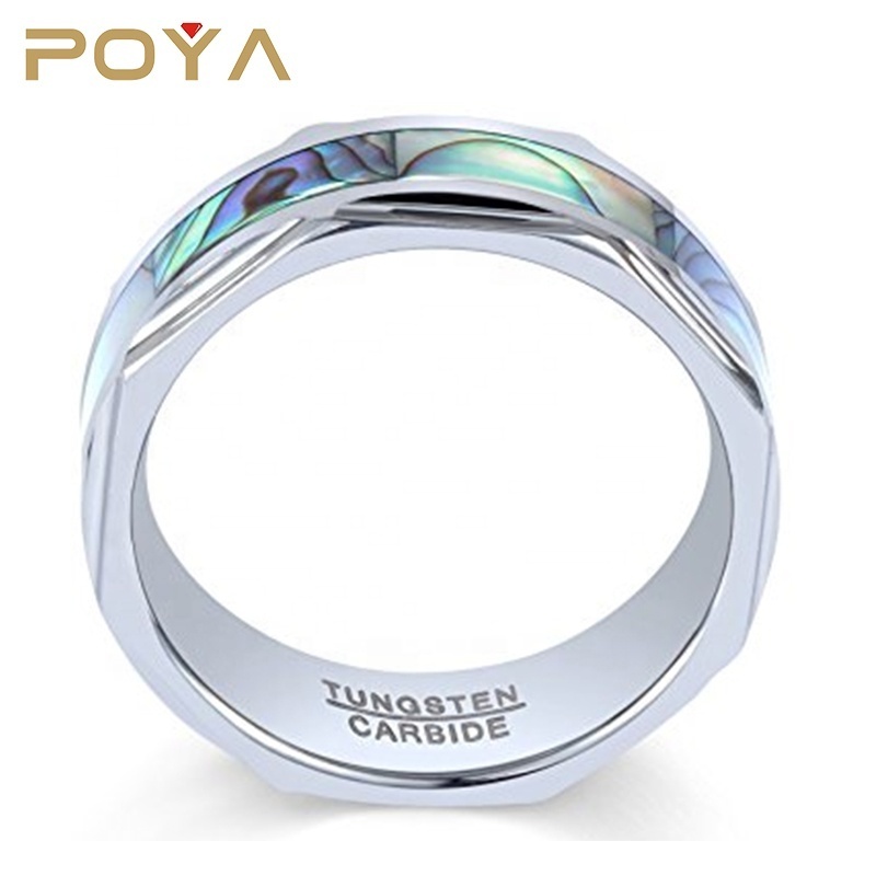 POYA Jewelry 8mm Diamond-faceted Tungsten Carbide Ring Abalone Shell Inlay Engagement Wedding Bands For His and Her