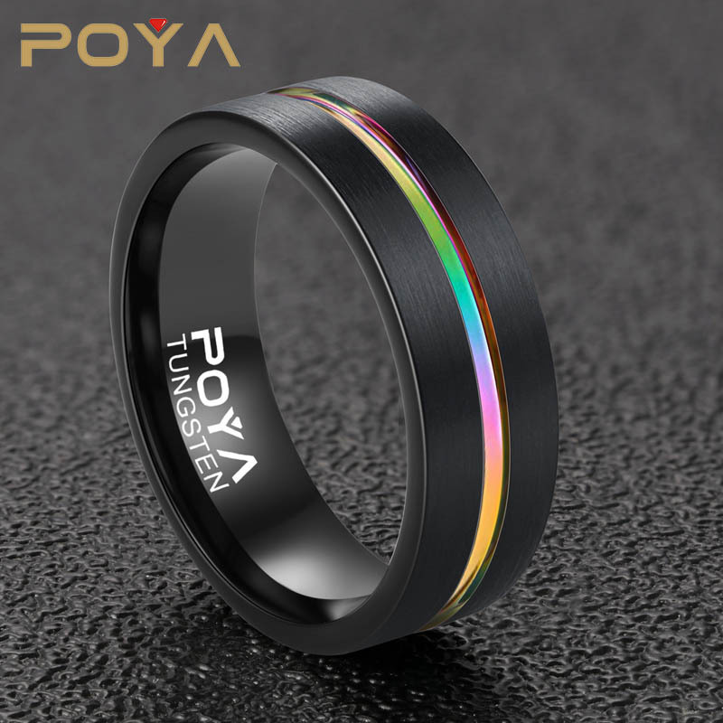 8MM Tungsten Carbide Ring for Men Jewelry Thin Rainbow Color Line Wedding Ring