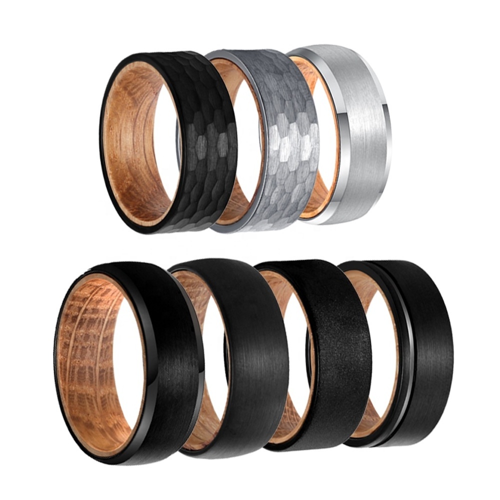 POYA Jewelry 8mm High Quality Brushed Center  Inlaid Whiskey Barrel Wood Beveled Edges Tungsten Steel Ring