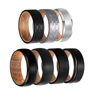 POYA Jewelry 8mm High Quality Brushed Center  Inlaid Whiskey Barrel Wood Beveled Edges Tungsten Steel Ring