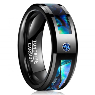 POYA Black Tungsten Abalone Shell Inlay Ring 8mm Blue Sapphire Stone Wedding Band For Men