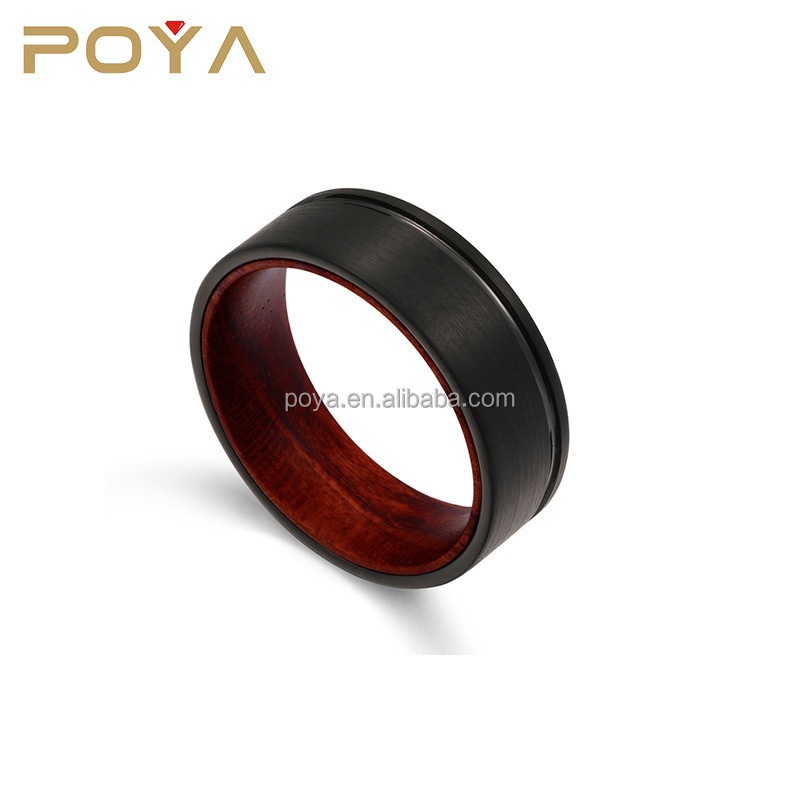 POYA Jewelry Mens Womens 8mm Black Brushed Tungsten Carbide Ring Black Thin Grooved Flat Edge Wood Inlay Wedding Band