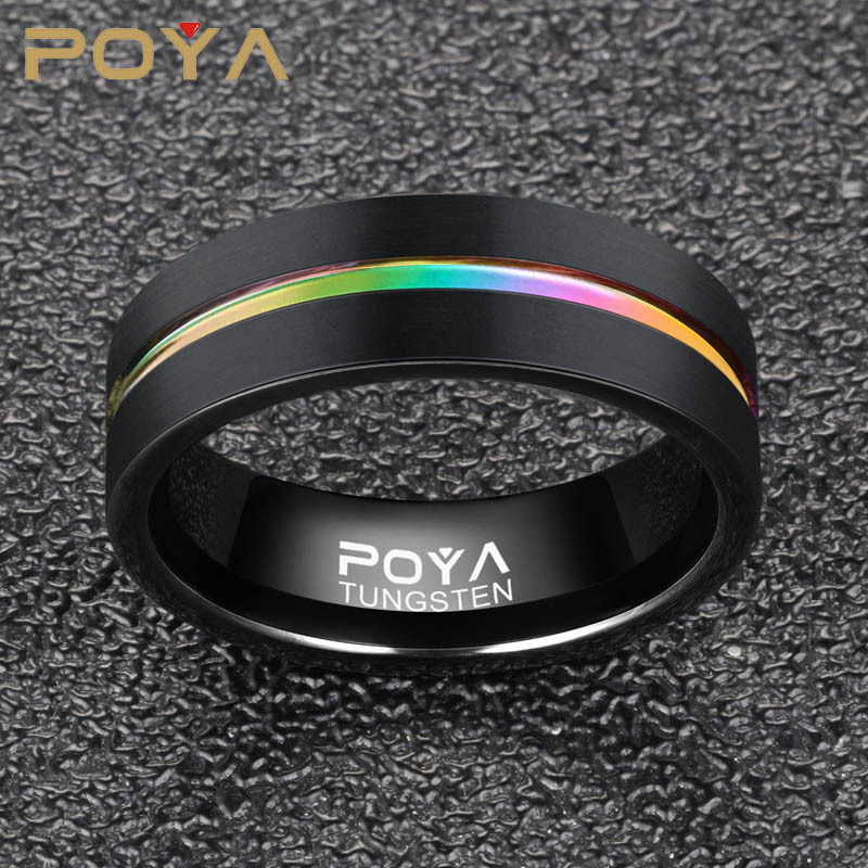 8MM Tungsten Carbide Ring for Men Jewelry Thin Rainbow Color Line Wedding Ring