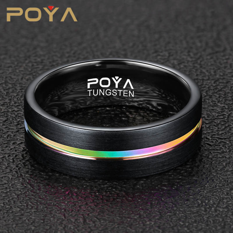 8MM Tungsten Carbide Ring for Men Jewelry Thin Rainbow Color Line Wedding Ring