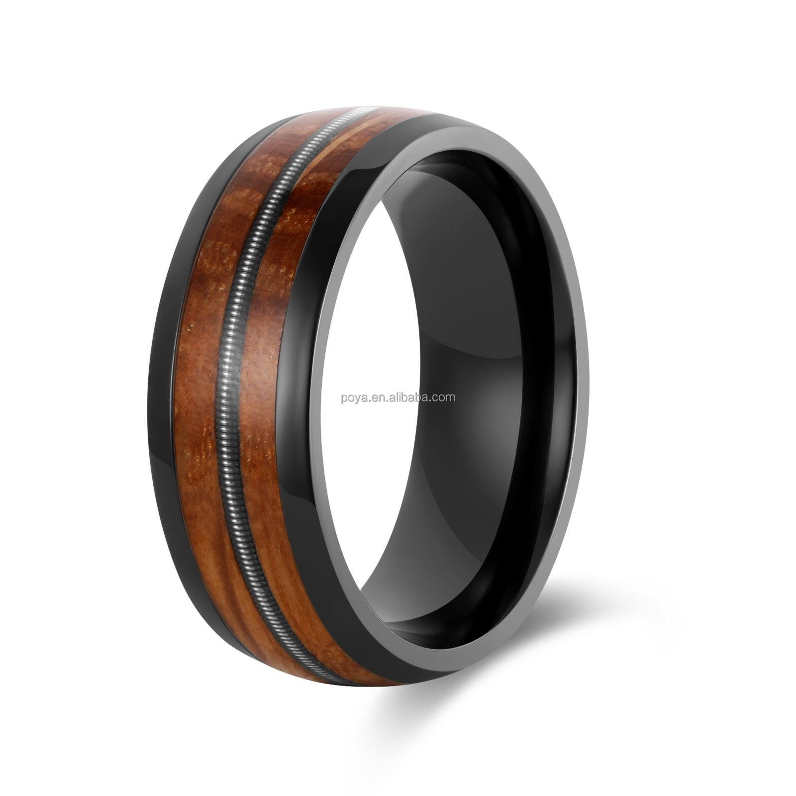 Poya Mens Turquoise Guitar String Whisky Barrel Wood Inlay Damascus Tungsten Rings For Wedding