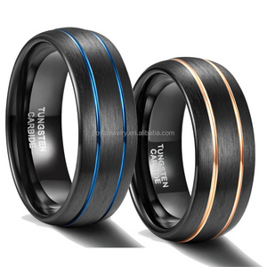 POYA Black Matte Tungsten Blue Rose Gold Line Design 8mm Men's Two Tones Wedding Band for Men