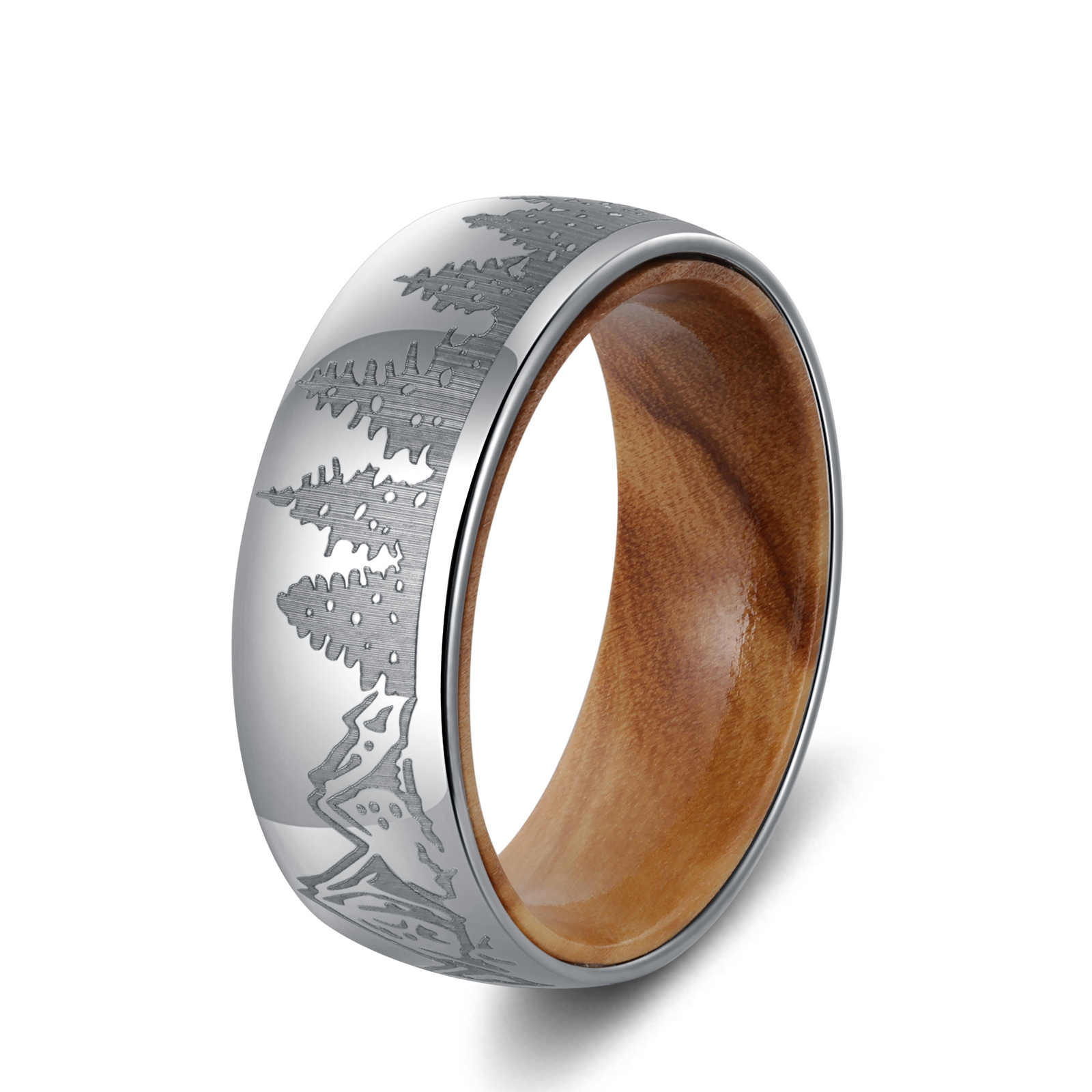 Poya Real Olive Wood Liner Sleeve Trees Mountain Lasered 8Mm Silver Tungsten Ring For Men