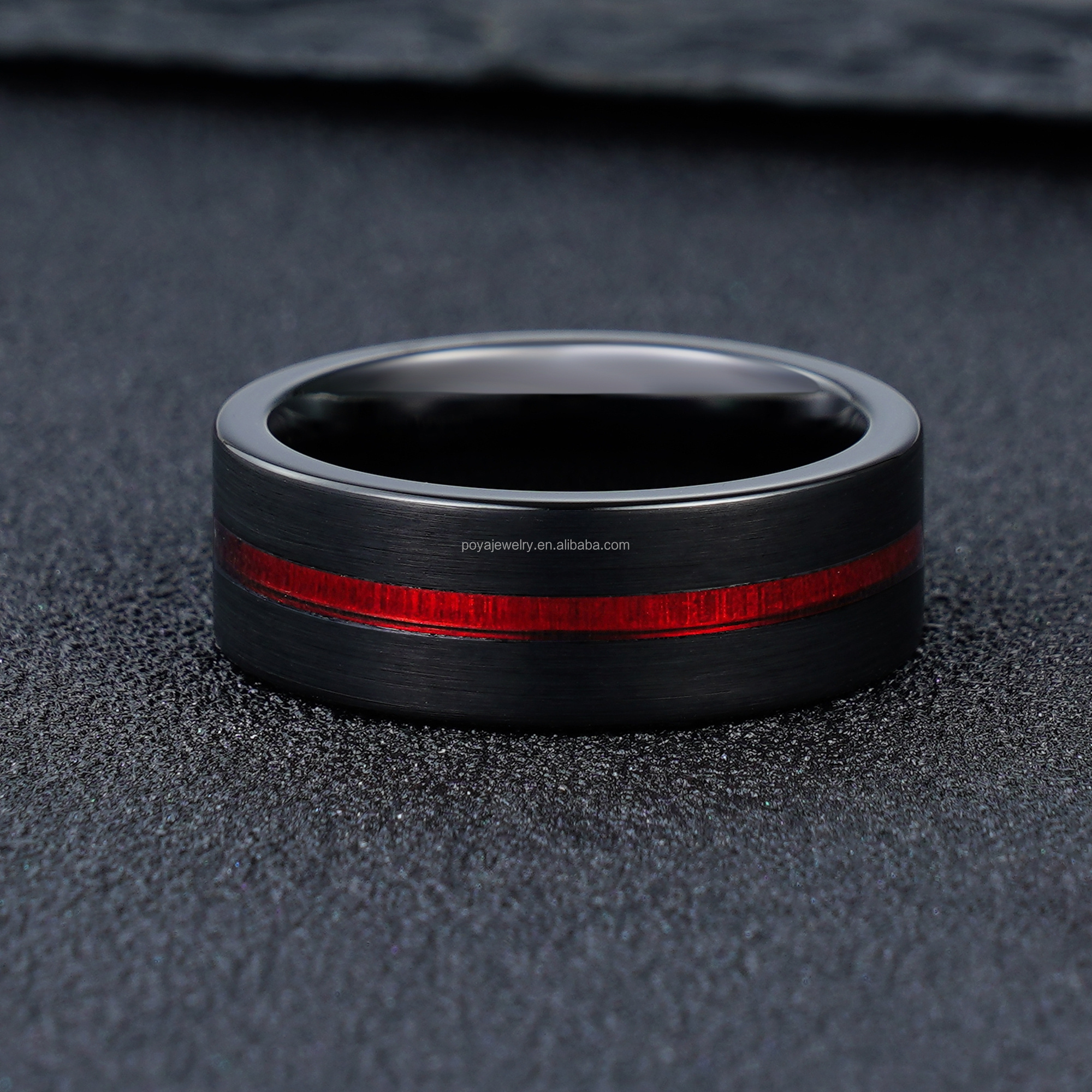 POYA 8mm Red Strip Flat Top Black Tungsten Ring Wedding Band for Men Engagement Ring