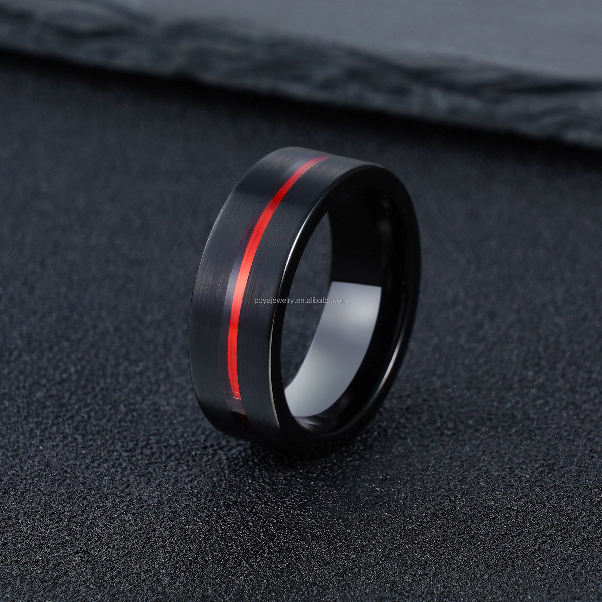 POYA 8mm Red Strip Flat Top Black Tungsten Ring Wedding Band for Men Engagement Ring