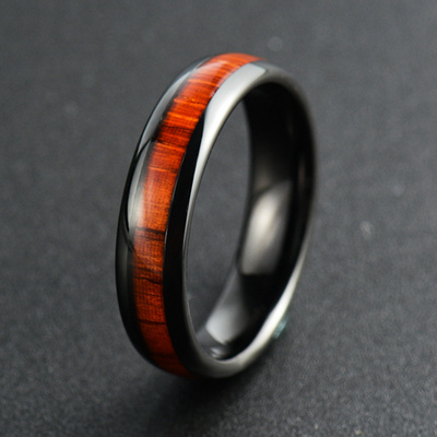 Poya Wholesale Mens Wedding Band 6mm Polished Dome Wood Inlay Black Tungsten Ring